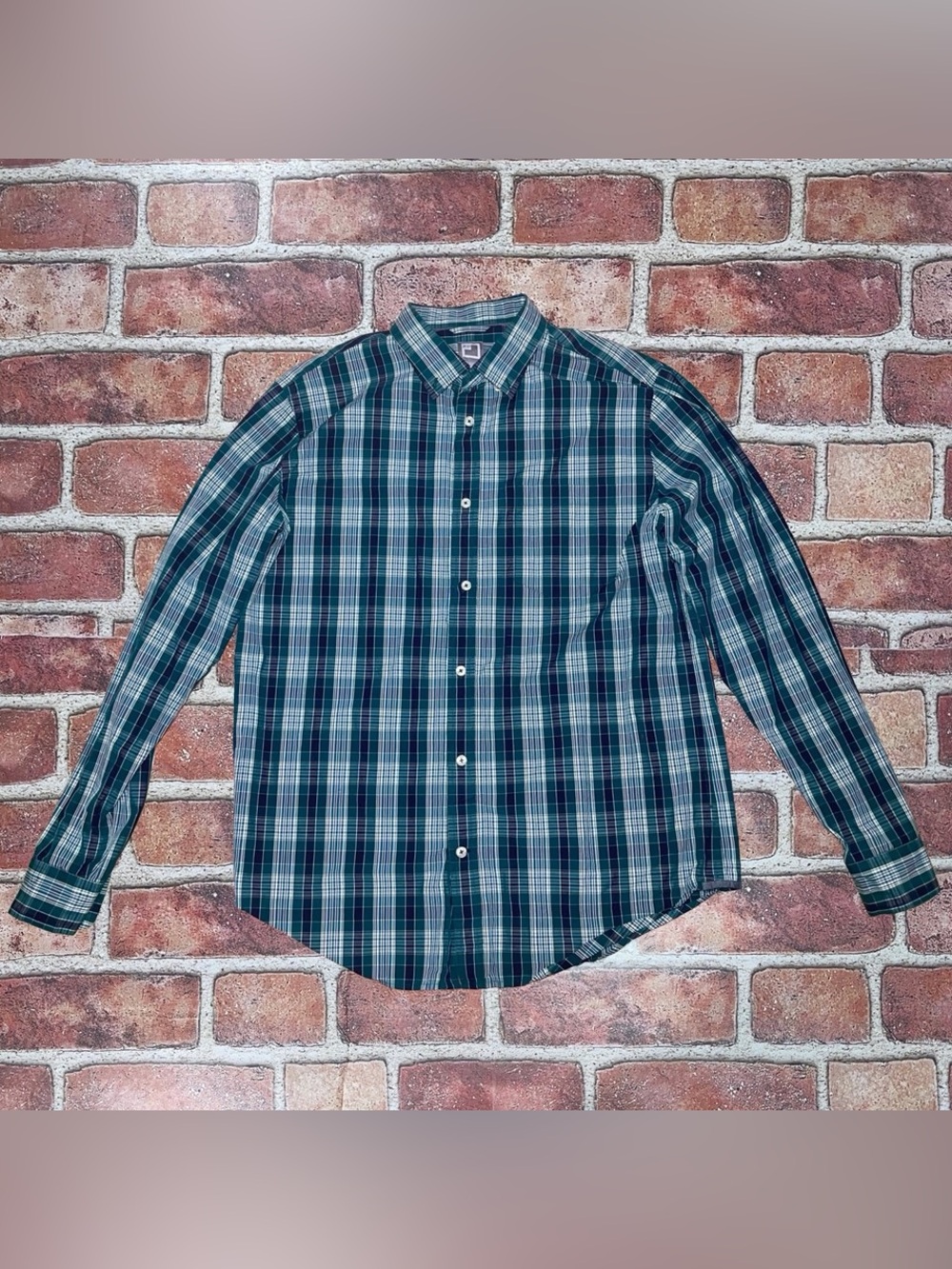 Pre-Owned jcp Green Blue Plaid Button-Up 80's 2-ply Long Sleeve Shirt Size L